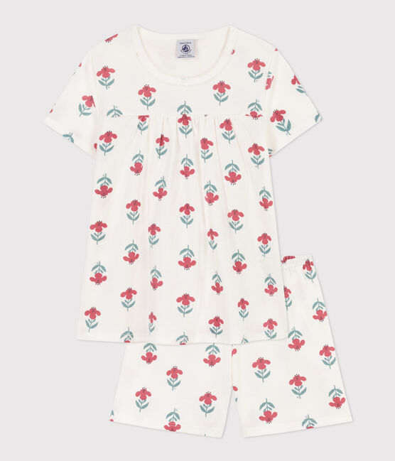 Pijama corto de algodón con flores y corona para niña blanco MARSHMALLOW/blanco MULTICO