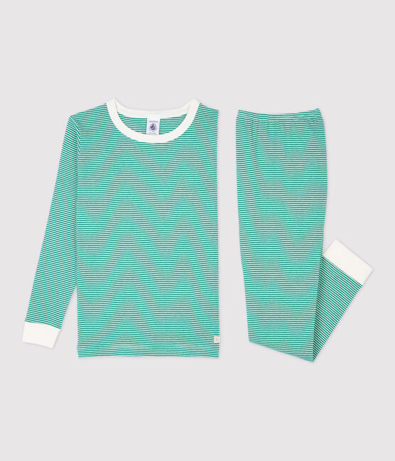 Pijama snugfit milrayas de niño de algodón orgánico verde PIVERT/blanco MARSHMALLOW