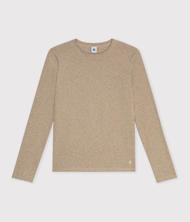 Camiseta lisa de algod&oacute;n de manga larga para mujer beige