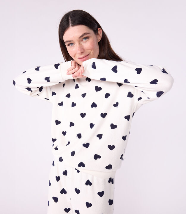 Pijama de rizo de algod&oacute;n con estampado de corazones para mujer azul/azul
