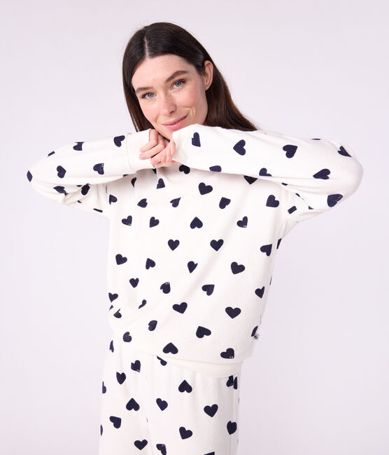 Pijama de rizo de algodón con estampado de corazones para mujer azul MILK/ SOIR