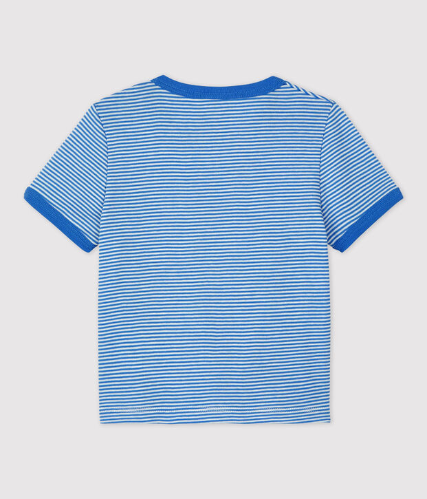 Camiseta de manga corta milrayas de algod&oacute;n ecol&oacute;gico de beb&eacute; azul/blanco