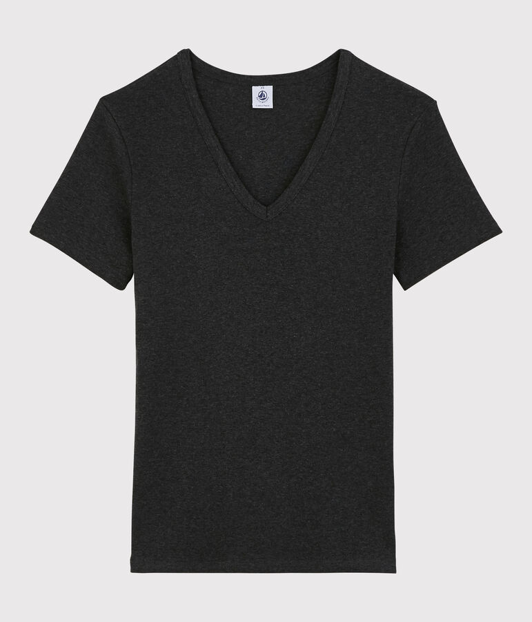 Camiseta de cuello de pico emblem&aacute;tica de algod&oacute;n de mujer gris