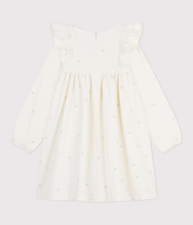 Vestido infantil liso de pana de manga larga crudo/gris