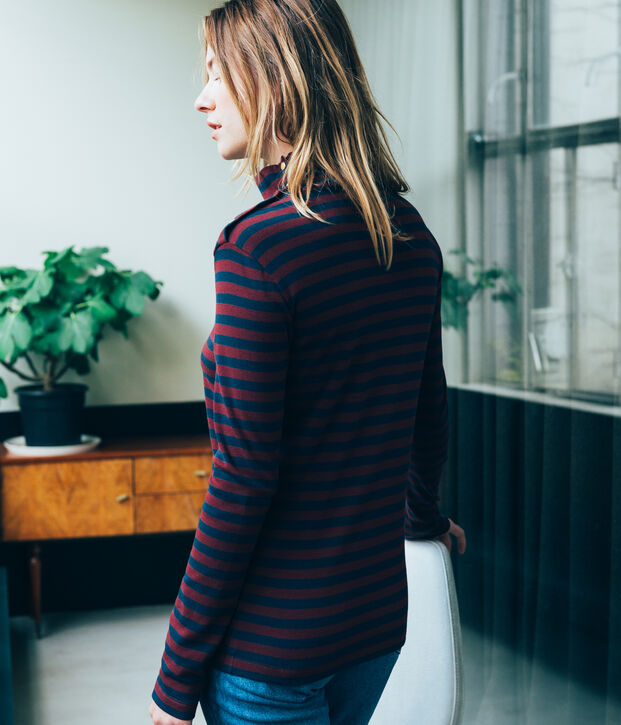 Camiseta de cuello alto para mujer azul/rojo