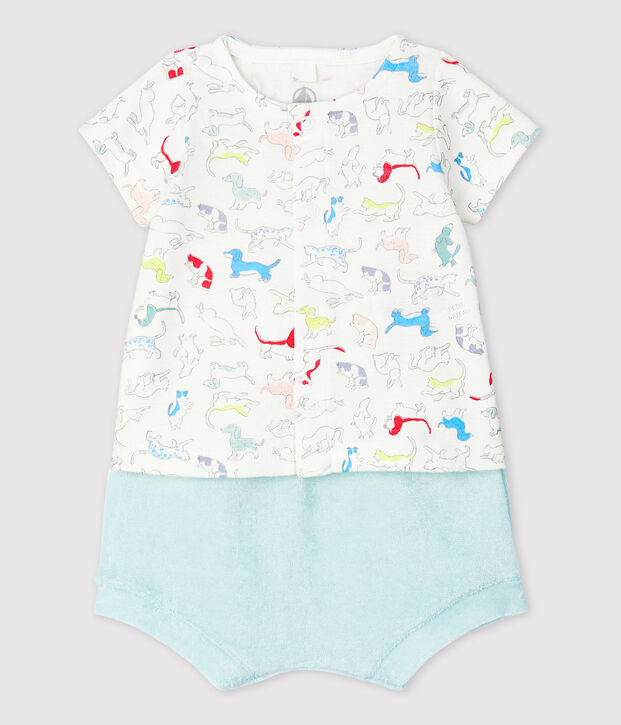 Conjunto de 2 prendas de perritos de colores de beb&eacute; en rizo de esponja y algod&oacute;n ecol&oacute;gico blanco/multicolor