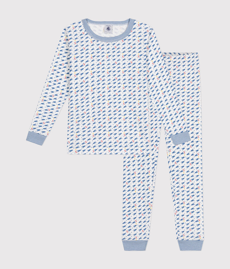 Pijama infantil ajustado de algod&oacute;n con estampado de cohetes blanco/multicolor