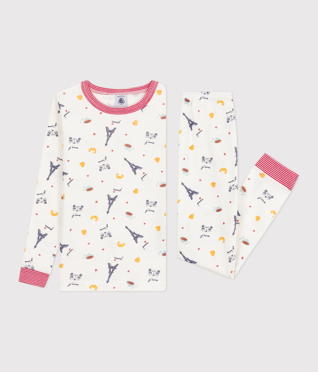 Pijama infantil de algod&oacute;n estampado, muy entallado. blanco/multicolor