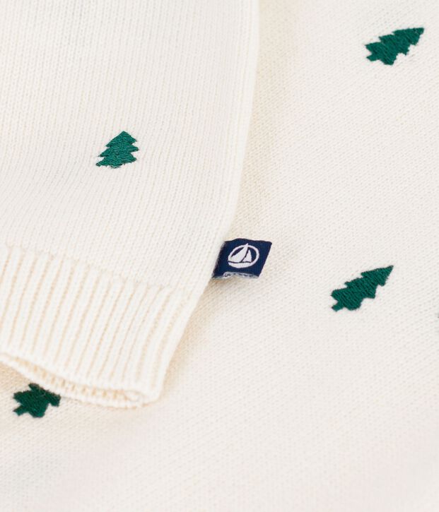 Jersey de lana y algod&oacute;n con abetos bordados para beb&eacute; crudo/verde