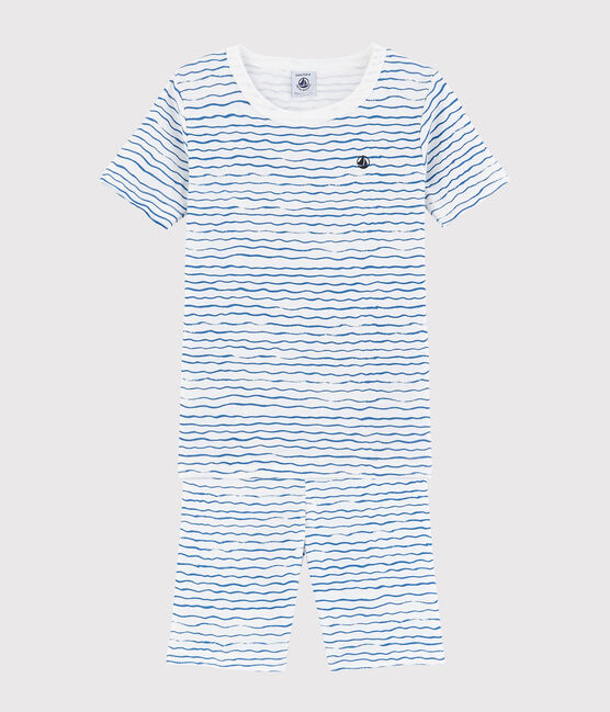Pijama corto snugfit con estampado de olas de algodón de niño blanco MARSHMALLOW/azul COOL