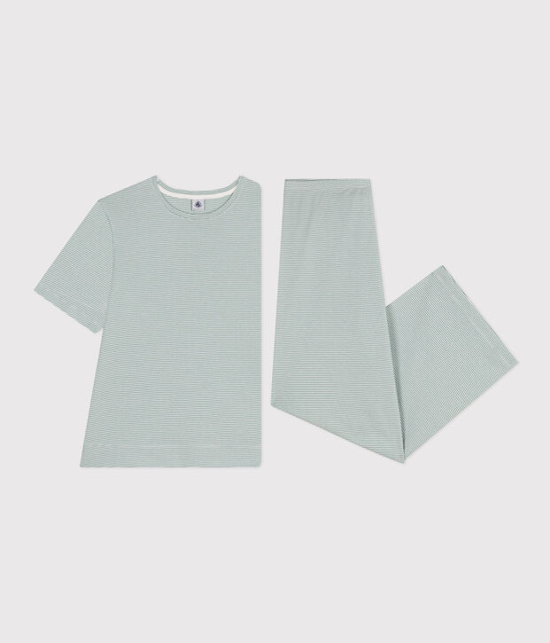 Pijama milrayas de algod&oacute;n de mujer verde/blanco