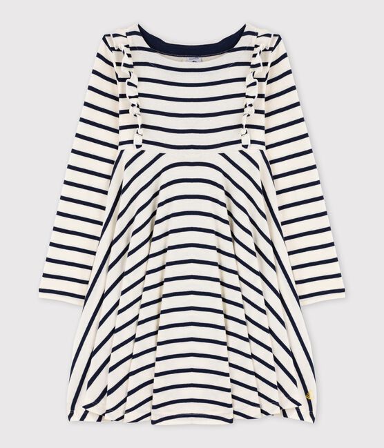 Vestido de manga larga para niña beige COQUILLE/azul SMOKING CN