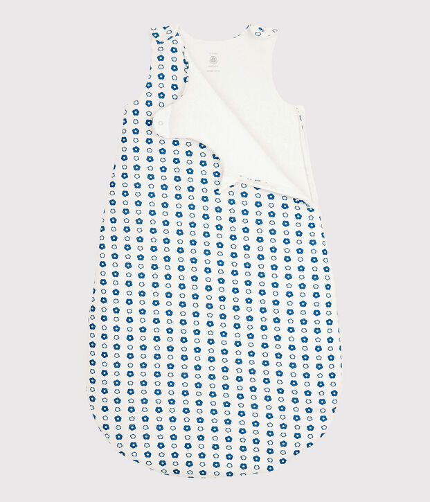 Saco de beb&eacute; de flores azules de algod&oacute;n org&aacute;nico blanco/azul
