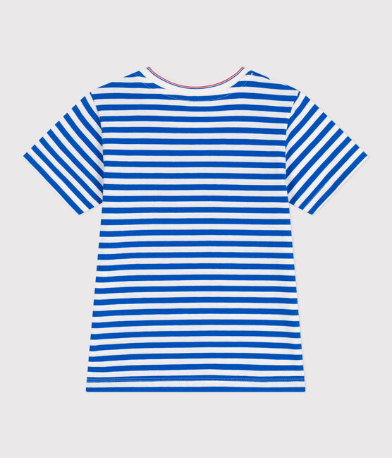 Camiseta infantil de manga corta de algodón con rayas azul PORCELANA/ MARSHMALLOW