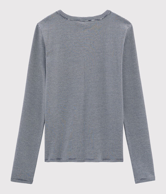 Camiseta de cuello redondo emblemática de algodón a rayas de mujer azul SMOKING/blanco MARSHMALLOW
