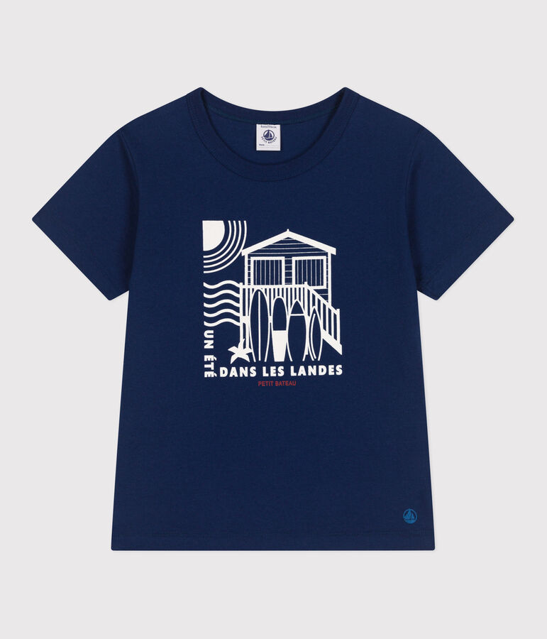 Camiseta infantil de manga corta de algod&oacute;n con estampado azul