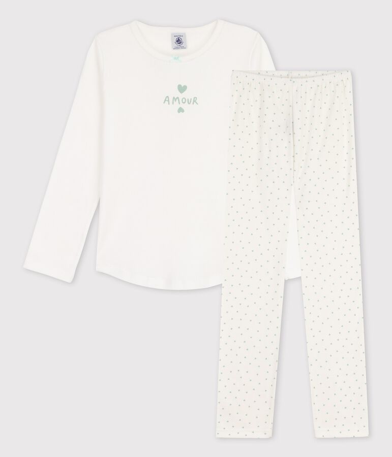 Pijamas de algod&oacute;n con estampado de corazoncitos de ni&ntilde;a blanco/verde