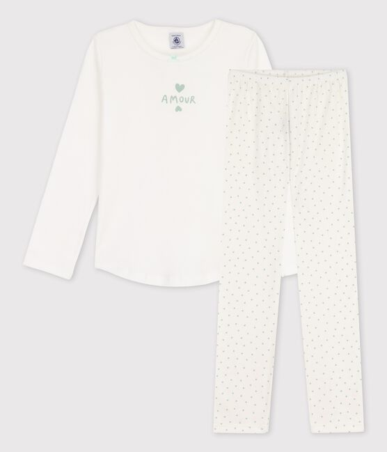 Pijamas de algodón con estampado de corazoncitos de niña blanco MARSHMALLOW/ HERBIER