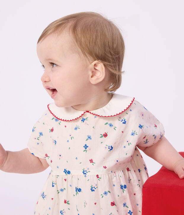 Vestido de algod&oacute;n de manga corta y pololo con estampado de flores para beb&eacute; blanco/multicolor