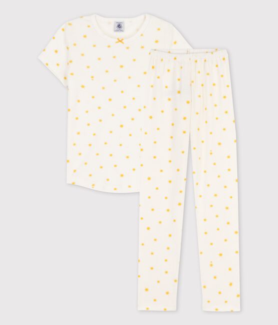 Pijama de manga corta con soles de algodón orgánico de niña blanco MARSHMALLOW/ ORGE