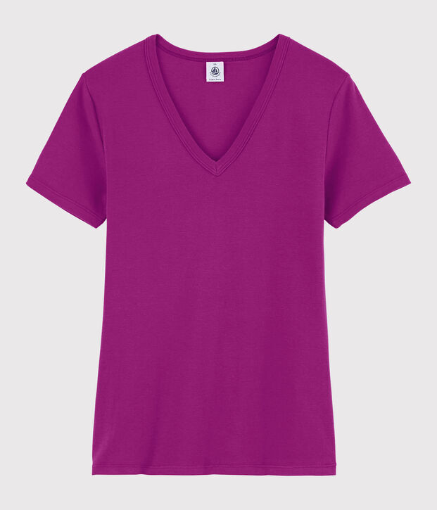Camiseta de cuello de pico emblem&aacute;tica de algod&oacute;n de mujer violeta