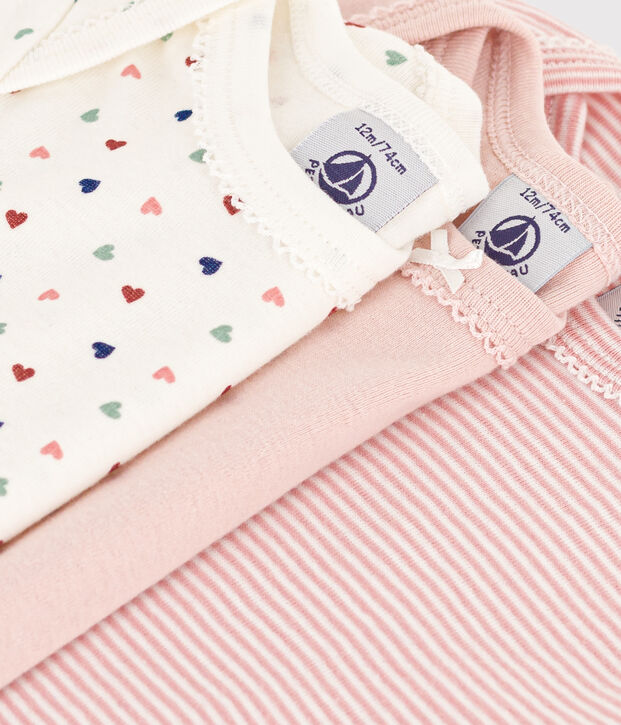 Juego de 3 bodis de algod&oacute;n de manga corta con corazoncitos para beb&eacute; multicolor