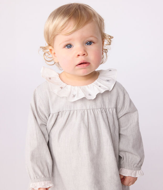 Vestido liso de franela de manga larga con cuello para beb&eacute; FUMEE CHINE