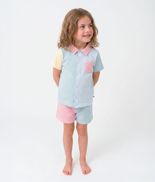 Pijama infantil corto abotonado de algod&oacute;n a rayas blanco/multicolor