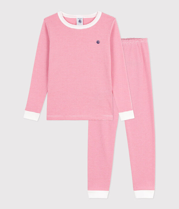 Pijama infantil de algod&oacute;n, muy entallado y con rayas. rosa/blanco