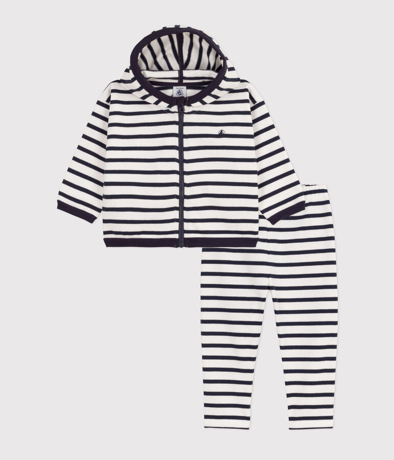 Conjunto de punto grueso con rayas marineras para beb&eacute; blanco/azul