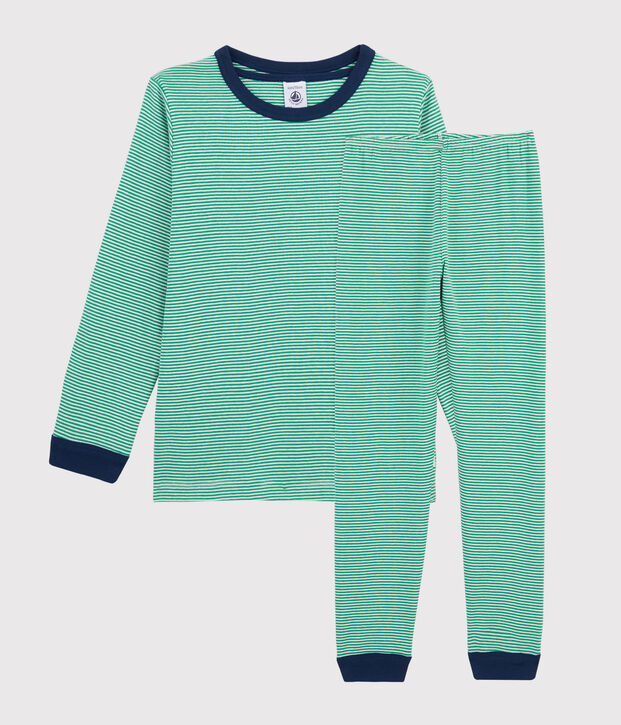 Pijama de mil rayas verde de ni&ntilde;o peque&ntilde;o con acanalado verde/blanco