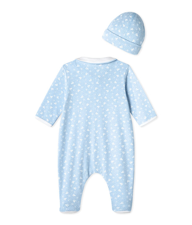 Pijama beb&eacute; y gorro de nacimiento azul/blanco