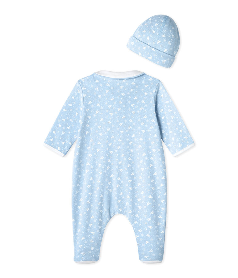 Pijama beb&eacute; y gorro de nacimiento azul TOUDOU/blanco ECUME