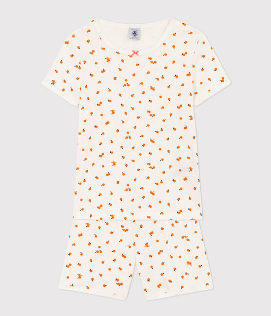 Pijama corto de algodón con naranjillas para niña blanco MARSHMALLOW/blanco MULTICO
