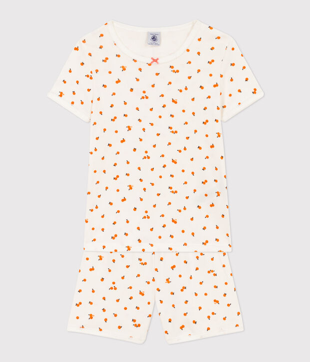 Pijama corto de algod&oacute;n con naranjillas para ni&ntilde;a blanco/multicolor