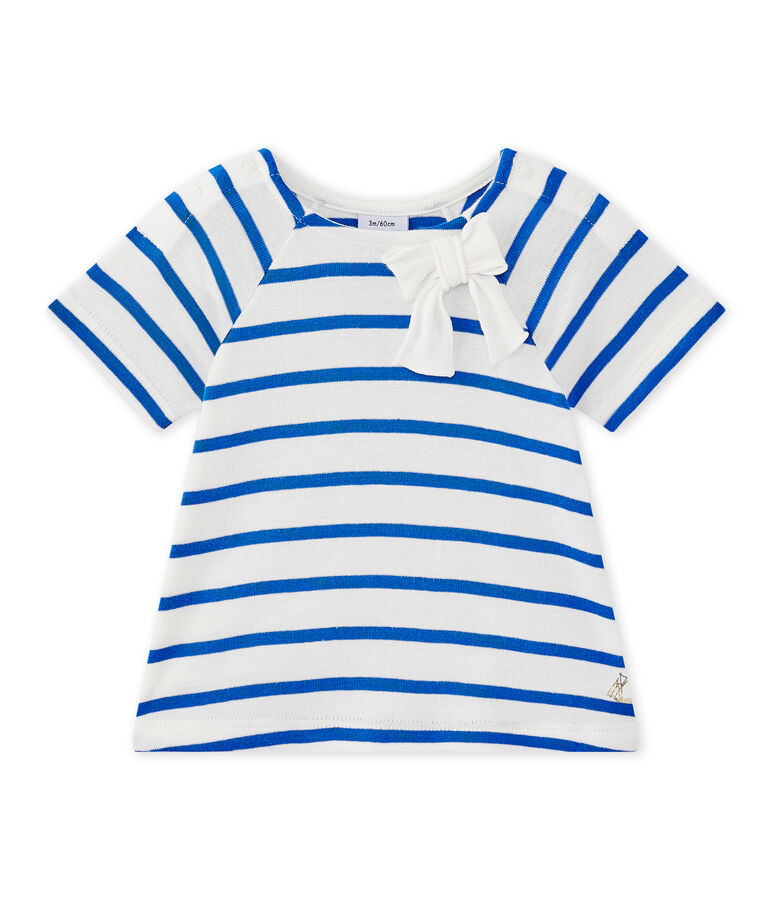 Camiseta beb&eacute; ni&ntilde;a de manga cortos a rayas blanco MARSHMALLOW/azul PERSE
