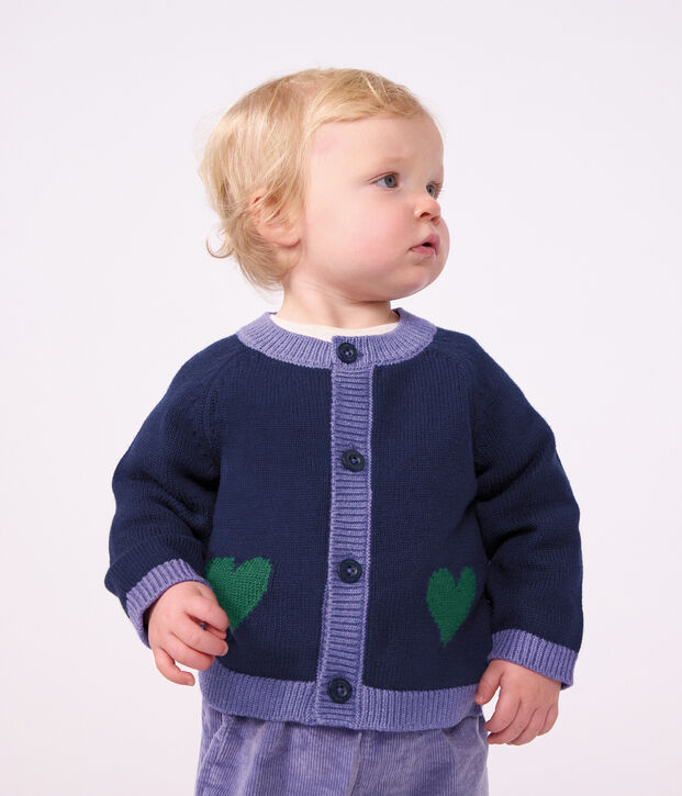 C&aacute;rdigan de punto tricotado de lana y algod&oacute;n con estampados jacquard de corazones para beb&eacute; azul/multicolor