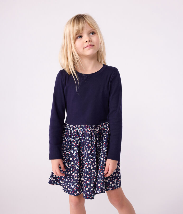 Vestido infantil de manga larga de algod&oacute;n azul/multicolor