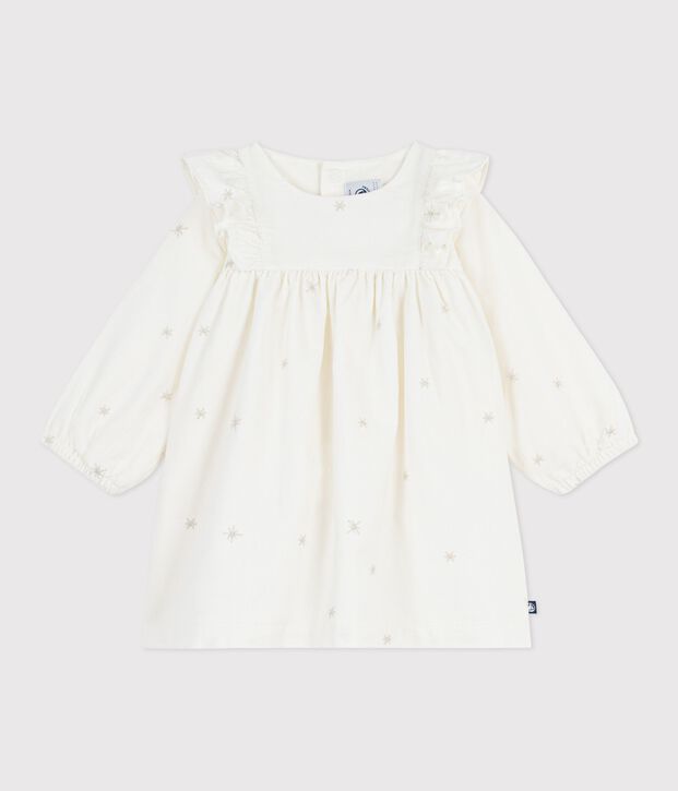 Vestido liso de pana de manga larga para beb&eacute; crudo/gris