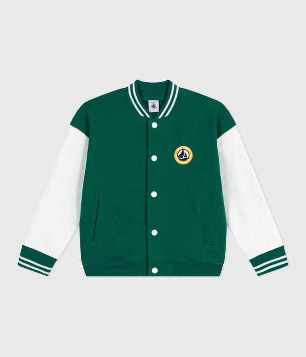Chaqueta teddy infantil lisa de algod&oacute;n verde/crudo