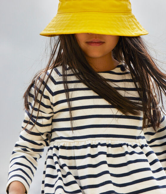 Vestido de manga larga de algodón grueso a rayas de niña blanco MARSHMALLOW/azul SMOKING