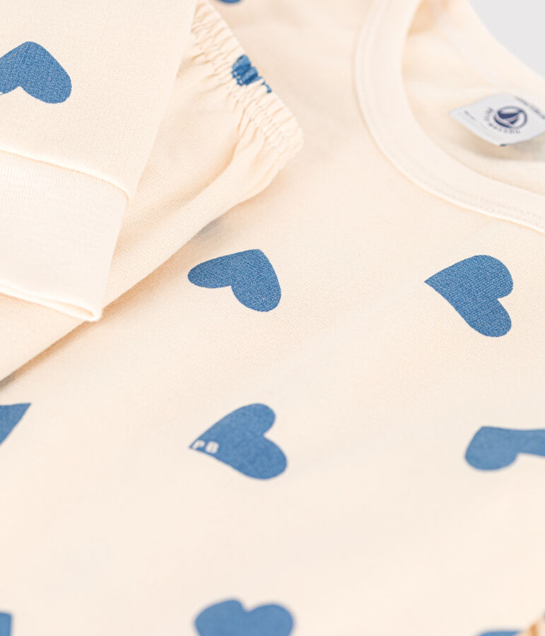 Pijama infantil de felpa cepillada con estampado de corazones crudo/azul