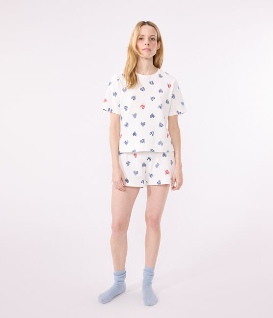 Pijama corto de algodón con estampado de corazones para mujer blanco MARSHMALLOW/blanco MULTICO