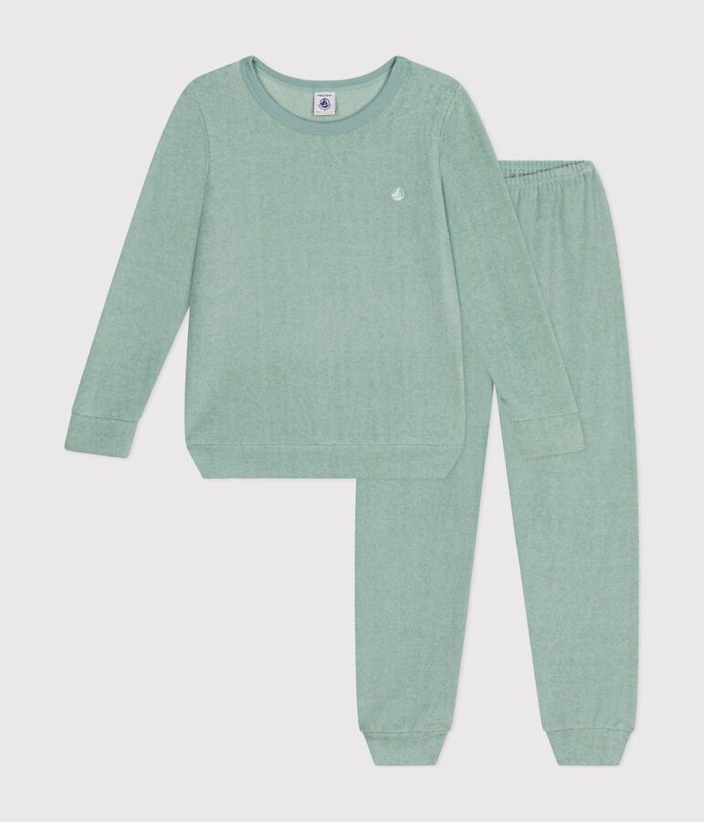 Pijama infantil liso de tejido de rizo cepillado verde PAUL