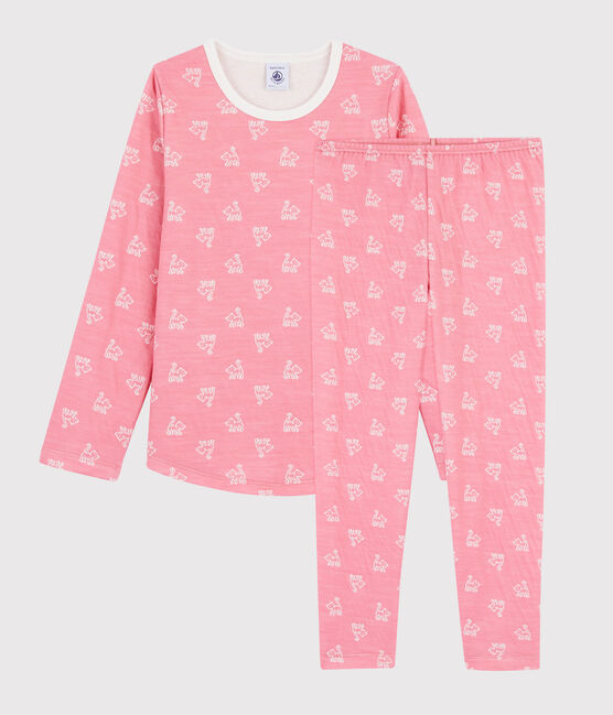 Pijama de jacquard con gatitos para niña de lana y algodón rosa CHEEK/blanco MARSHMALLOW