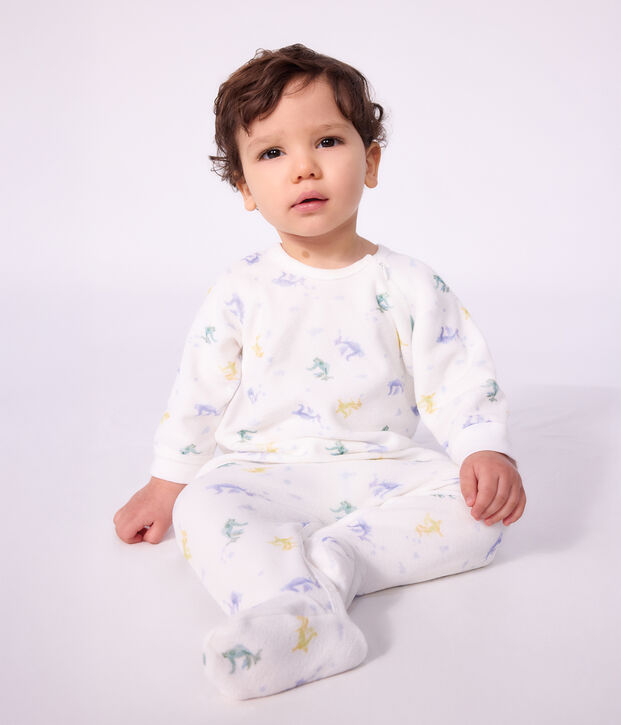Pijama de terciopelo con estampado de dragones para beb&eacute; blanco/multicolor