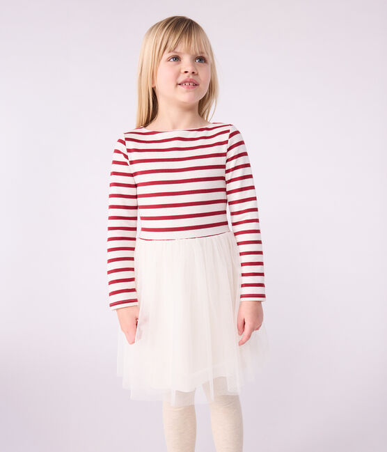 Vestido infantil de manga larga de algodón y tul rojo MILK/ AMARANTE