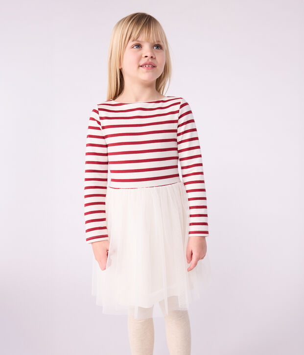 Vestido infantil de manga larga de algod&oacute;n y tul rojo/rojo