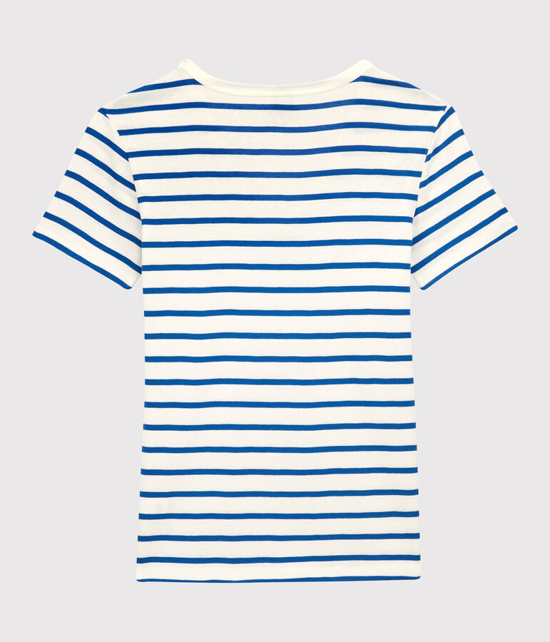 Camiseta L'ICONIQUE con cuello de pico de algod&oacute;n org&aacute;nico de mujer blanco/azul