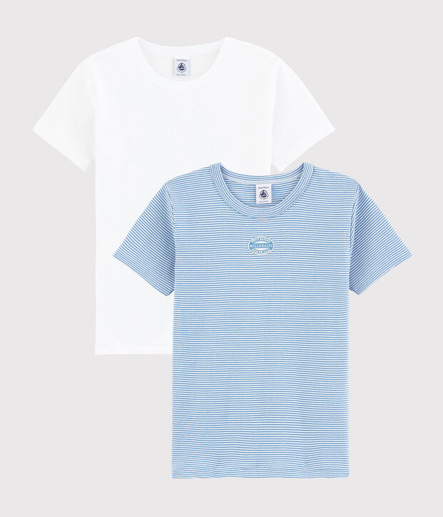 Juego de 2 camisetas de manga corta de milrayas azules de algod&oacute;n ecol&oacute;gico para ni&ntilde;o peque&ntilde;o multicolor